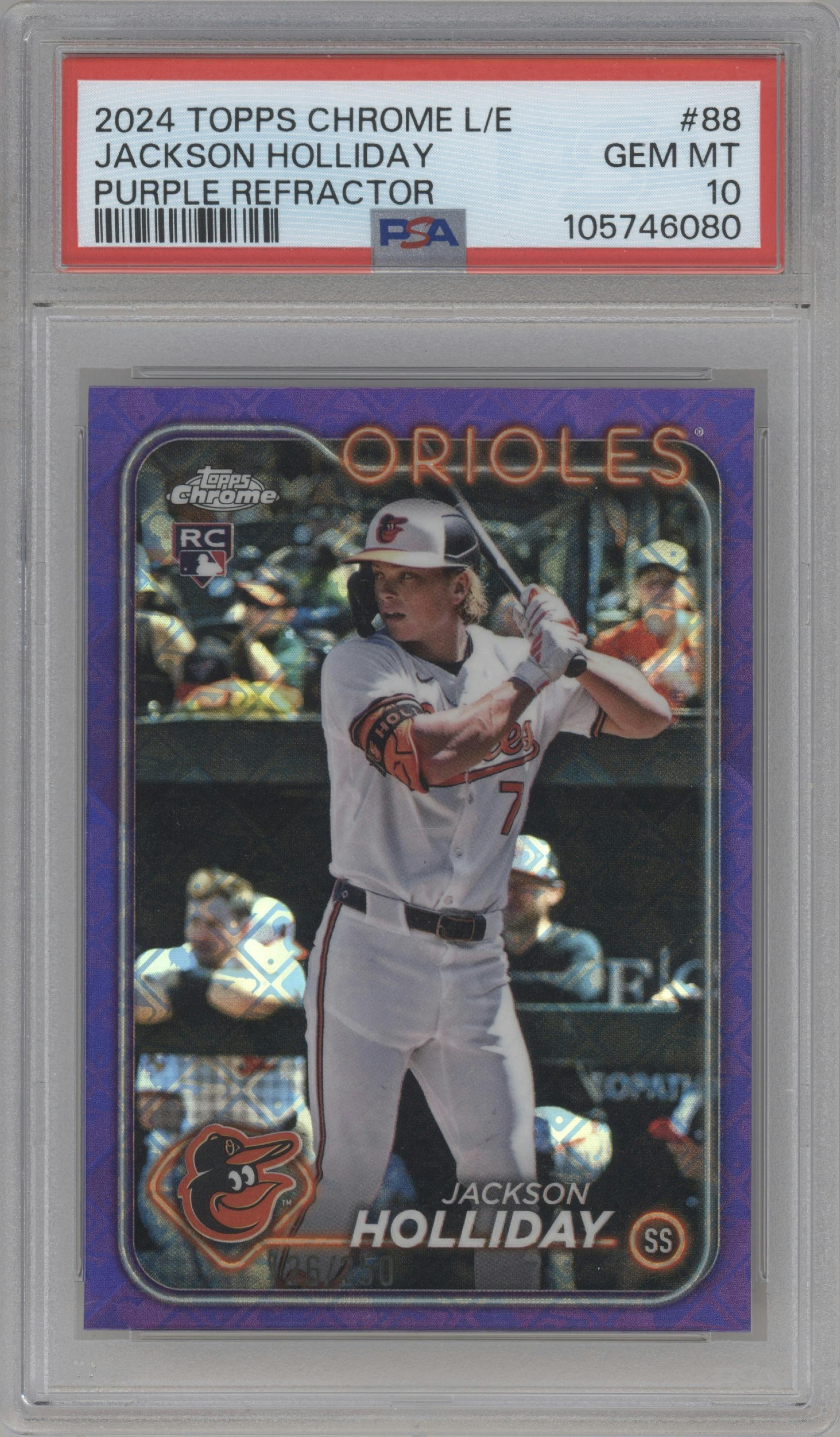 Jackson Holliday from the 2024 Topps Chrome Logofractor set featuring a Purple MLB Refractor parallel graded by PSA and given an overall grade of 10.