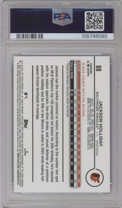 Jackson Holliday from the 2024 Topps Chrome Logofractor set featuring a Purple MLB Refractor parallel graded by PSA and given an overall grade of 10.