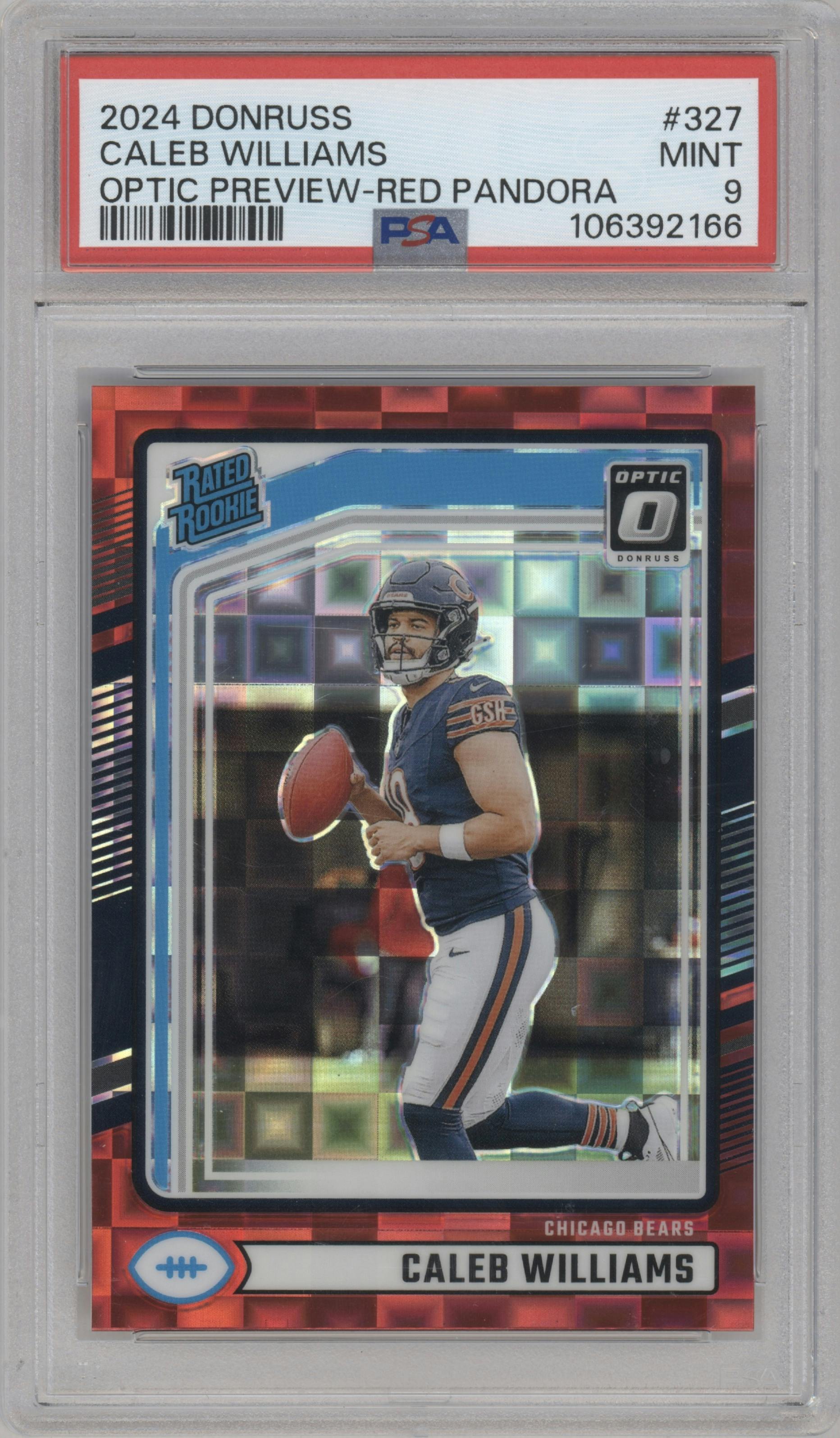 Caleb Williams from the 2024 Donruss set featuring a Red Pandora parallel graded by PSA and given an overall grade of 9.