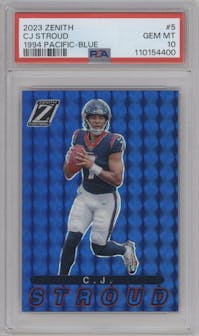 C.J. Stroud from the 2023 Panini Zenith set featuring a Blue parallel graded by PSA and given an overall grade of 10.