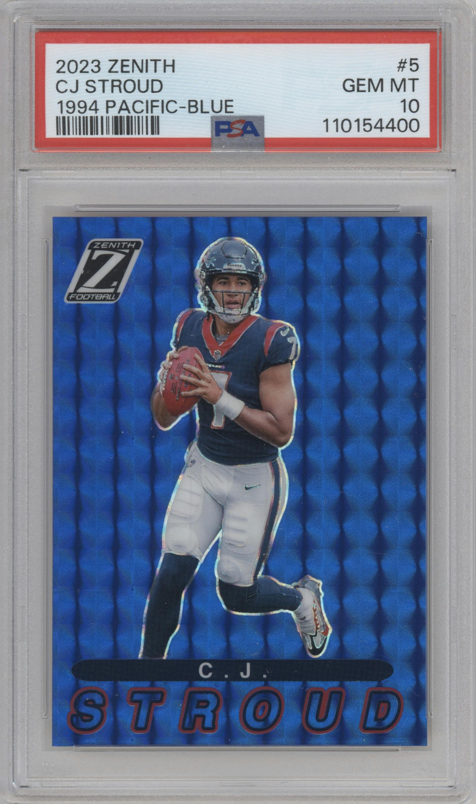 C.J. Stroud from the 2023 Panini Zenith set featuring a Blue parallel graded by PSA and given an overall grade of 10.