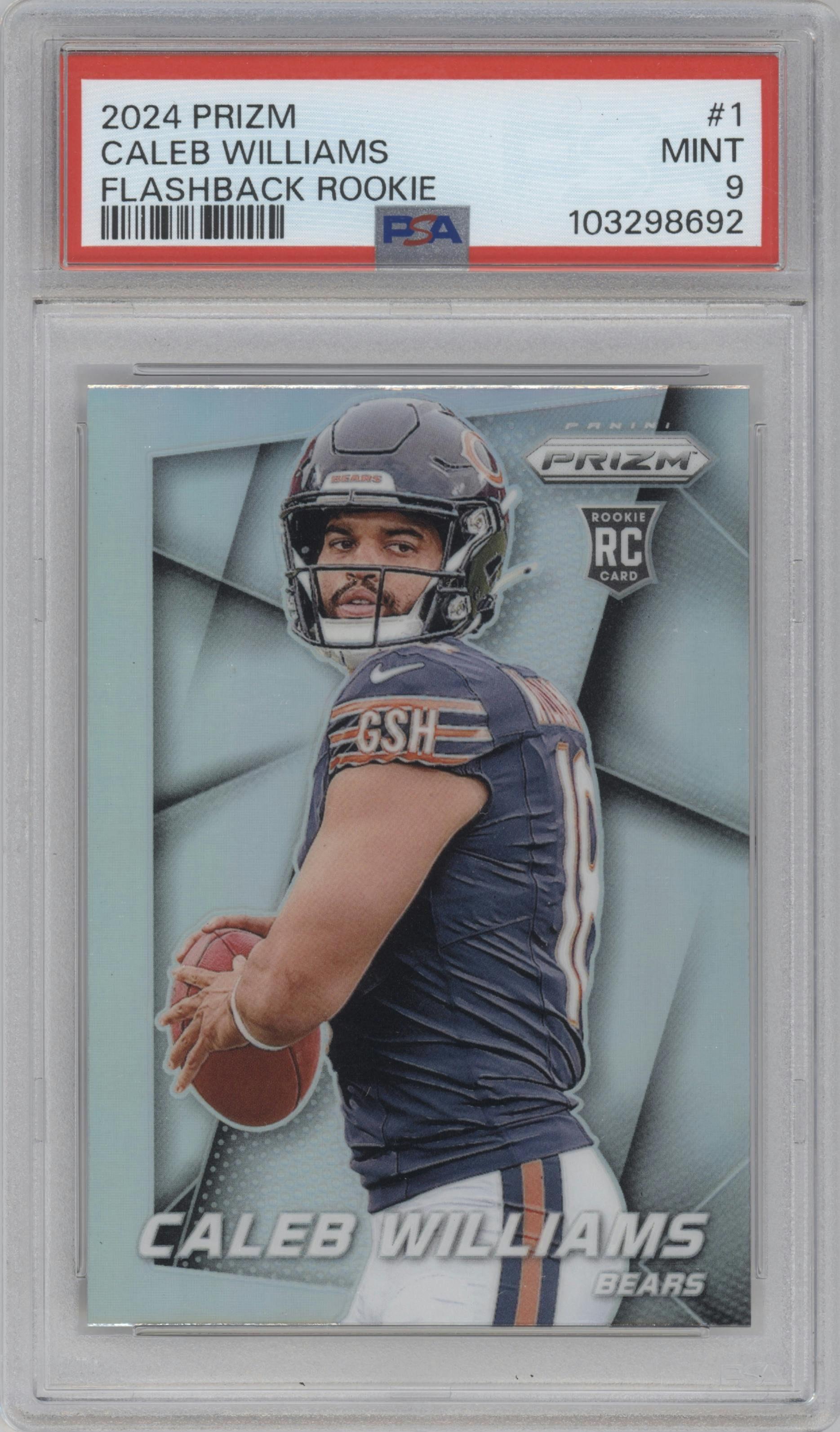 Caleb Williams from the 2024 Panini Prizm set graded by PSA and given an overall grade of 9.