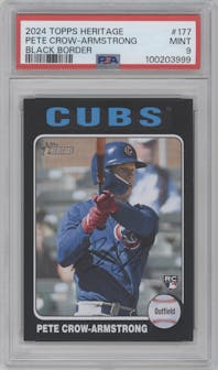 Pete Crow-Armstrong from the 2024 Topps Heritage set featuring a Black Border parallel graded by PSA and given an overall grade of 9.