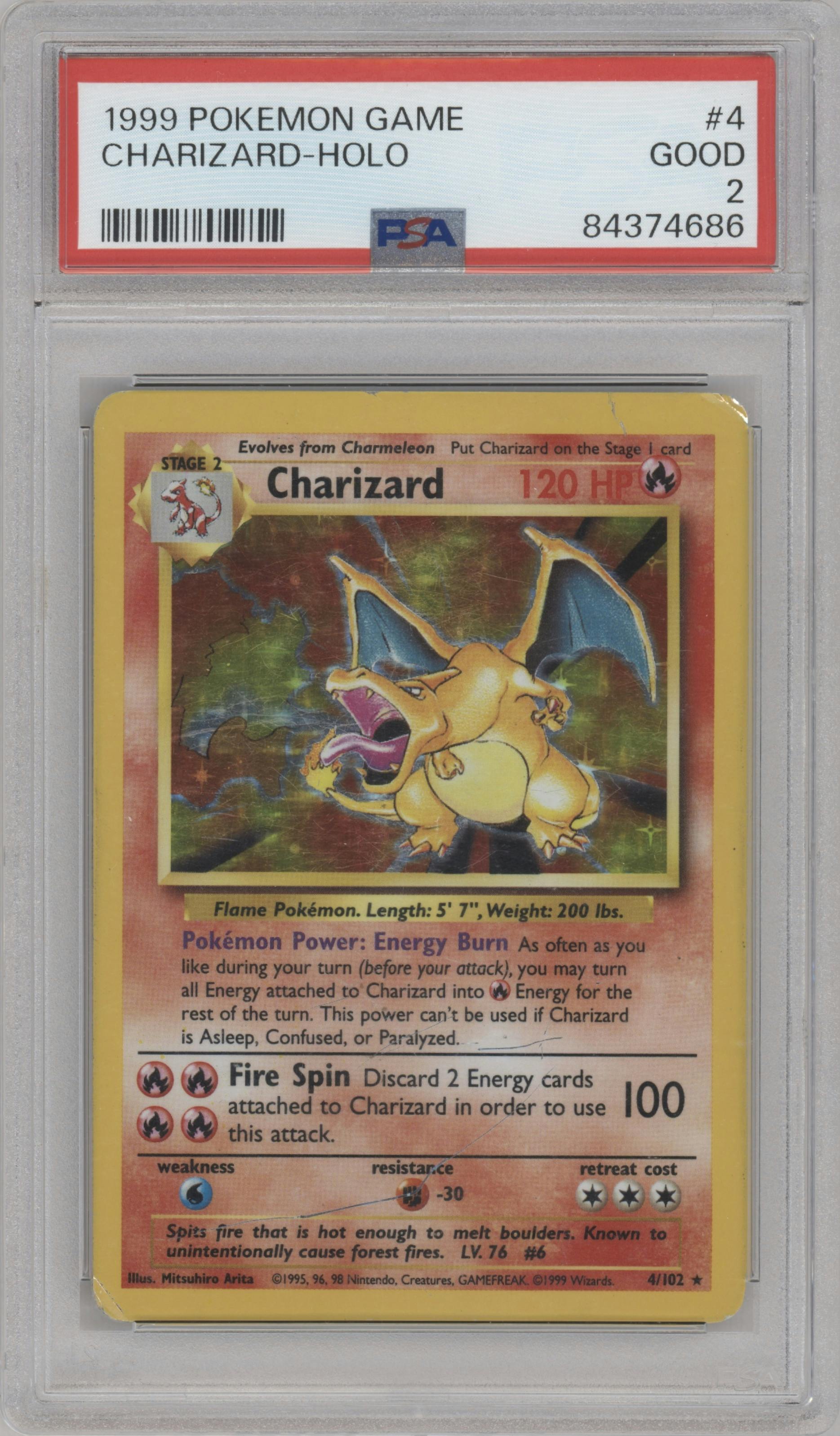 Charizard from the 1999 Pokemon set graded by PSA and given an overall grade of 2.
