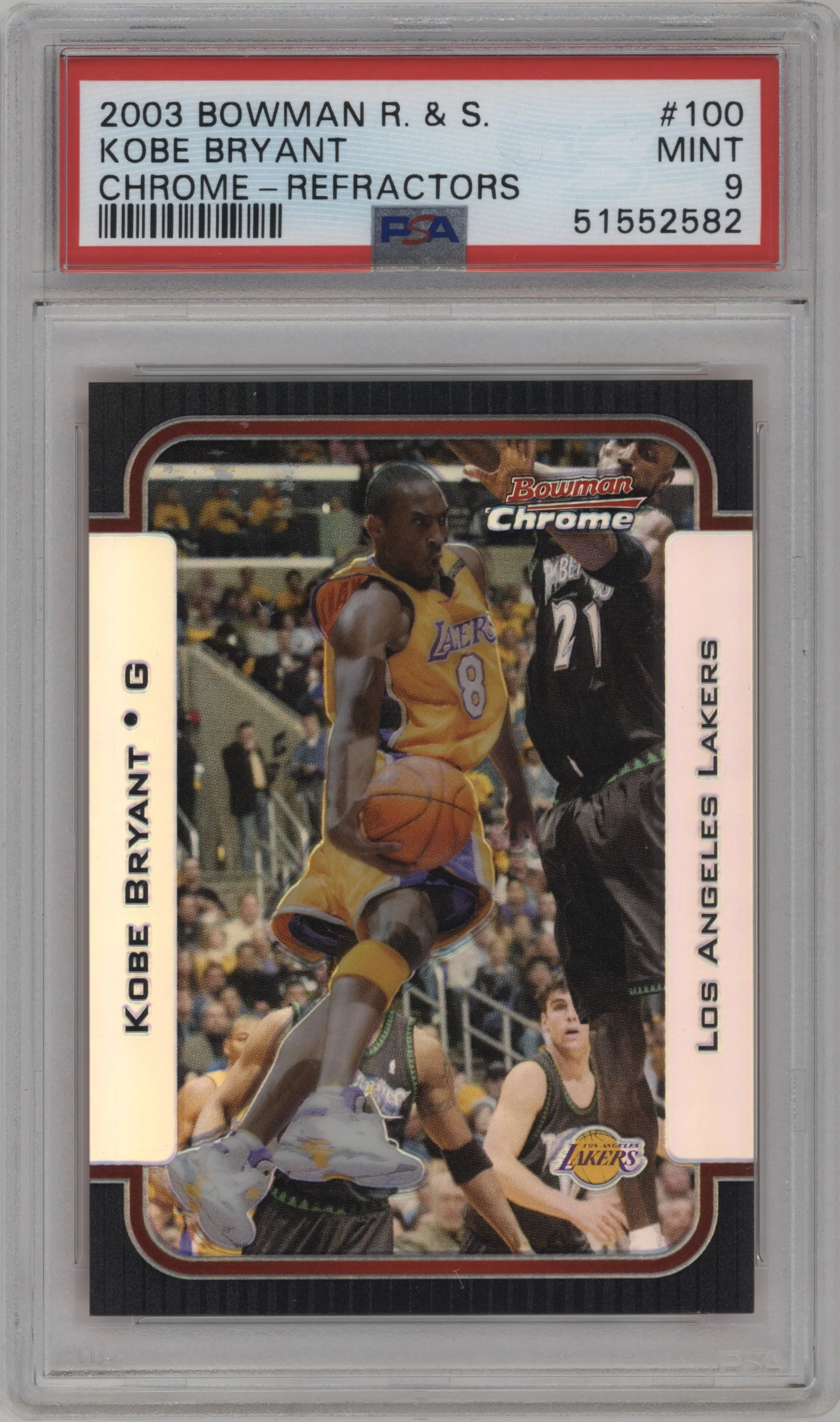 Kobe Bryant  from the 2003-04 Bowman set featuring a Refractor parallel graded by PSA and given an overall grade of 9.