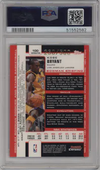 Kobe Bryant from the 2003-04 Bowman set featuring a Refractor parallel graded by PSA and given an overall grade of 9.