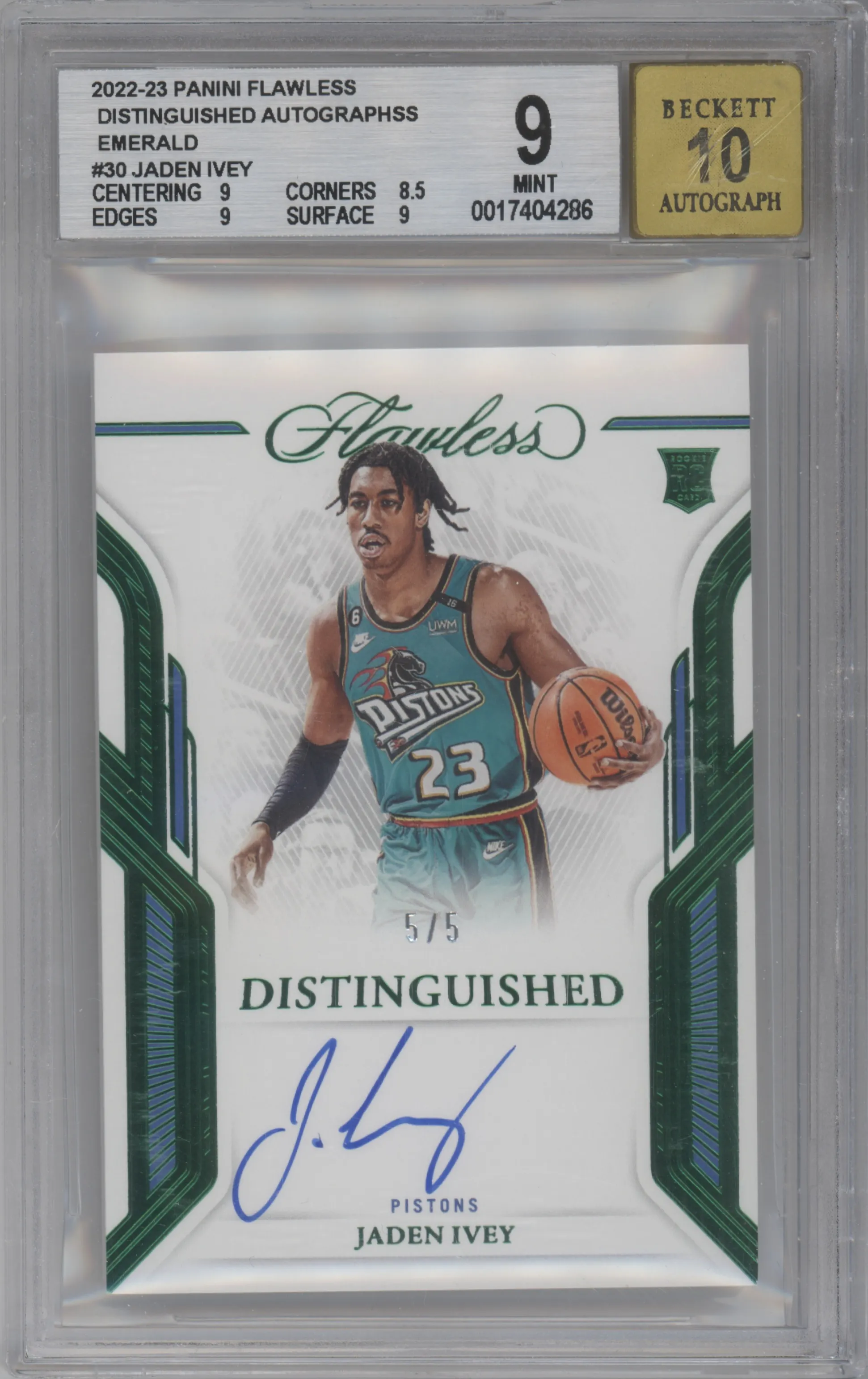 2022 Panini Flawless Distinguished Auto Jaden Ivey Emerald #DA-JIV BGS 9