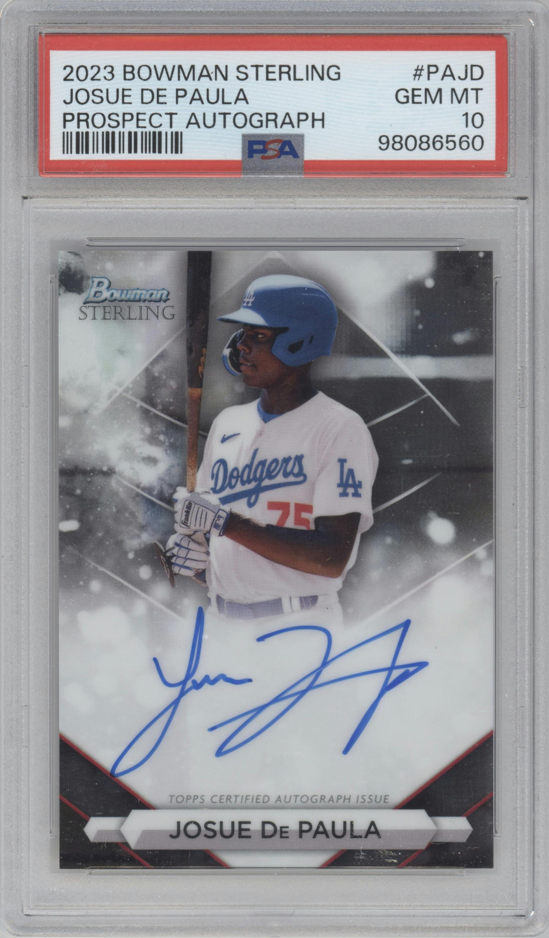 Josue De Paula from the 2023 Bowman Sterling set graded by PSA and given an overall grade of 10.