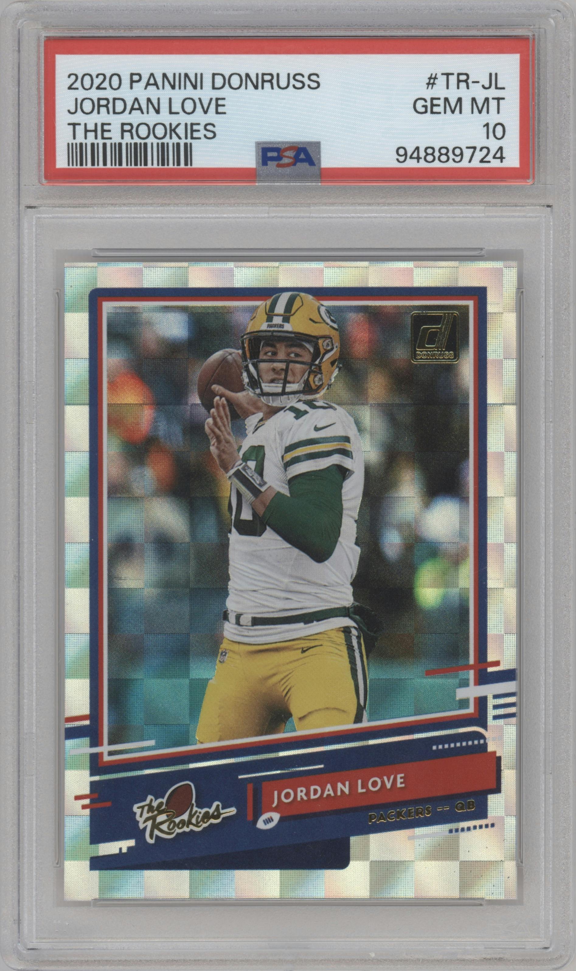 Jordan Love from the 2020 Panini Donruss set graded by PSA and given an overall grade of 10.