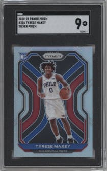 Tyrese Maxey from the 2020-21 Panini Prizm set featuring a Silver Prizm parallel graded by SGC and given an overall grade of 9.