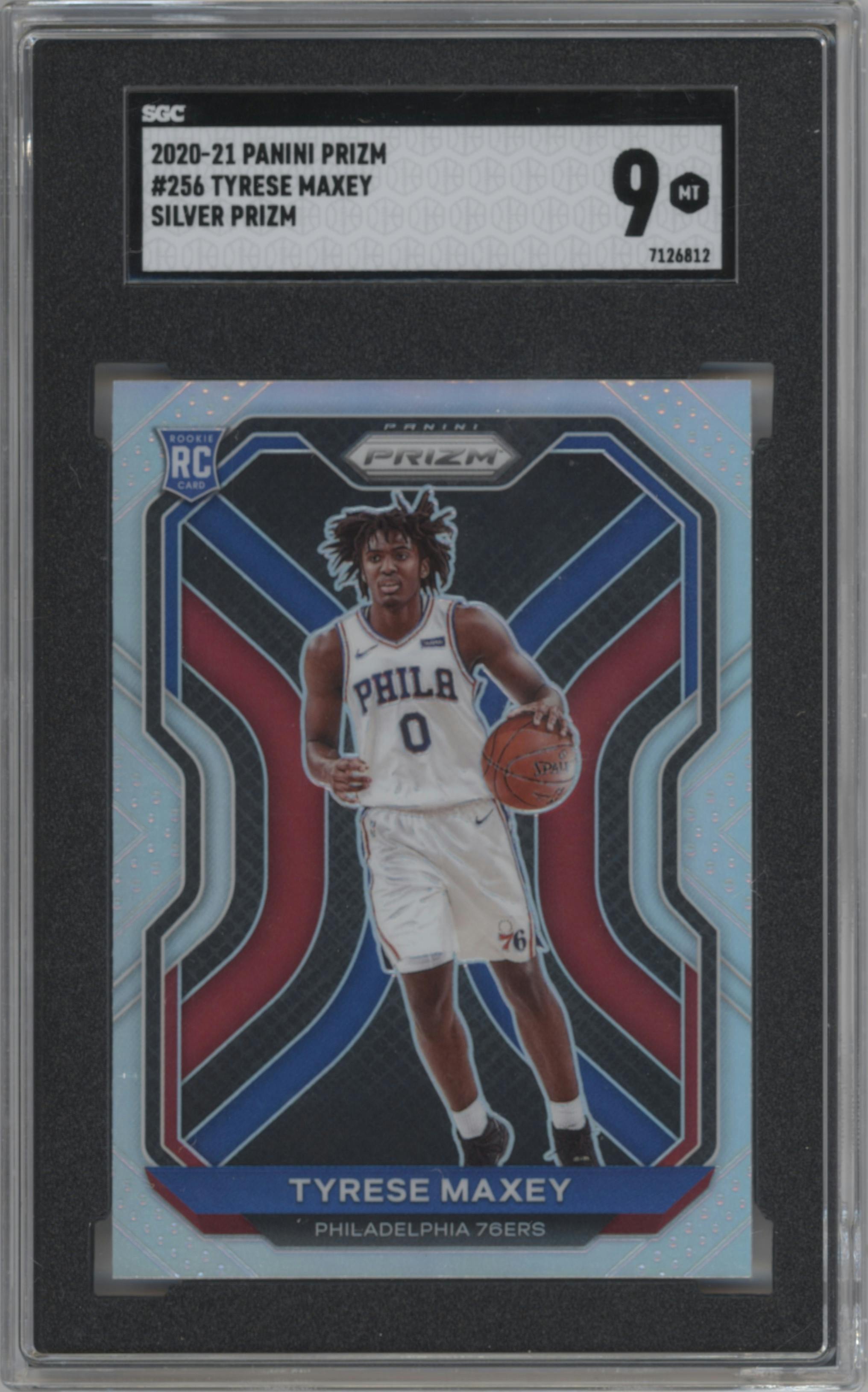 Tyrese Maxey from the 2020-21 Panini Prizm set featuring a Silver Prizm parallel graded by SGC and given an overall grade of 9.