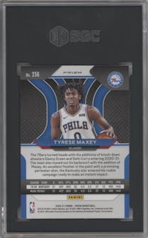 Tyrese Maxey from the 2020-21 Panini Prizm set featuring a Silver Prizm parallel graded by SGC and given an overall grade of 9.