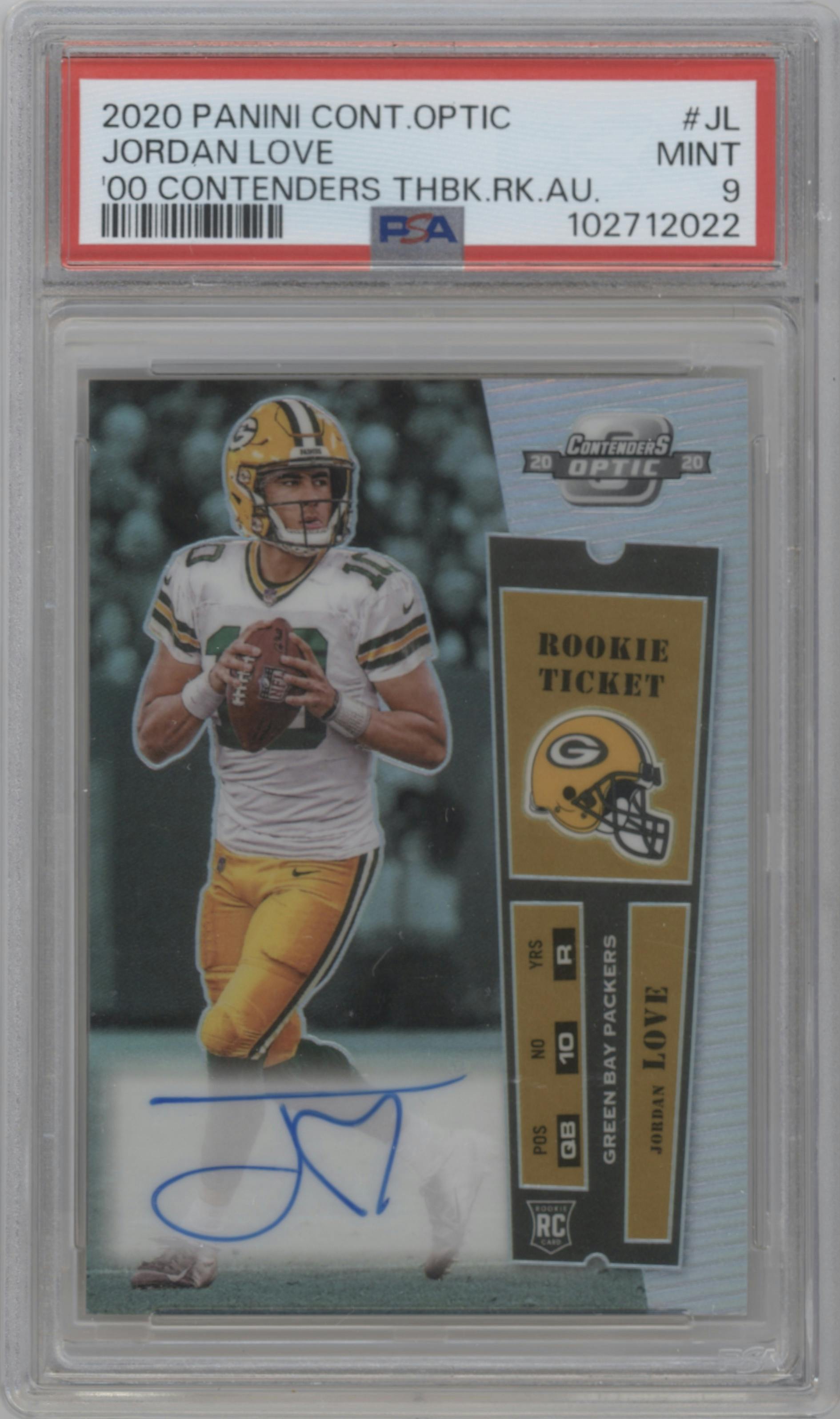 Jordan Love from the 2020 Panini Contenders Optic set graded by PSA and given an overall grade of 9.