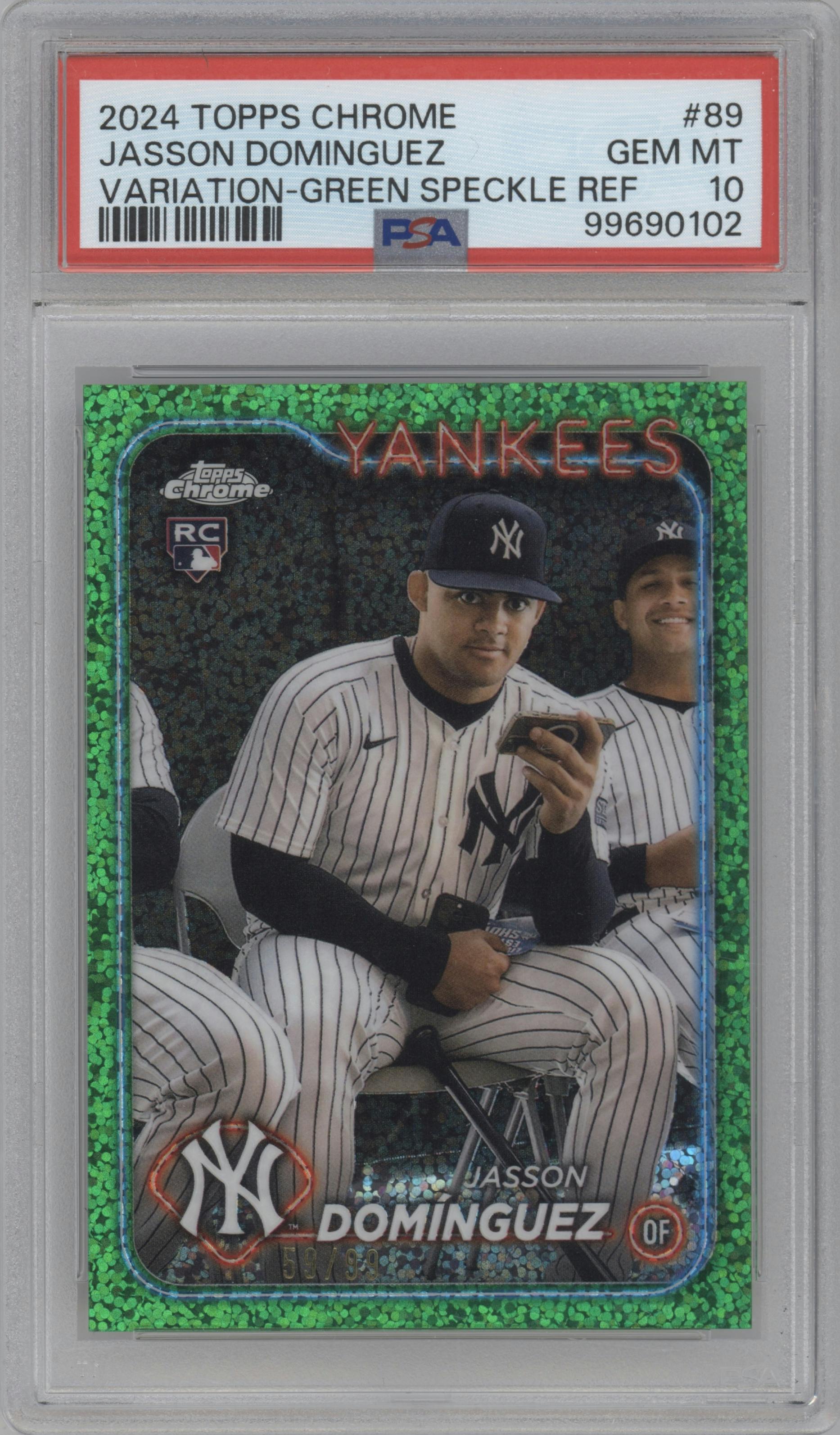 Jasson Dominguez from the 2024 Topps Chrome set featuring a Green Speckle Refractor parallel graded by PSA and given an overall grade of 10.