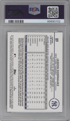 Jasson Dominguez from the 2024 Topps Chrome set featuring a Green Speckle Refractor parallel graded by PSA and given an overall grade of 10.