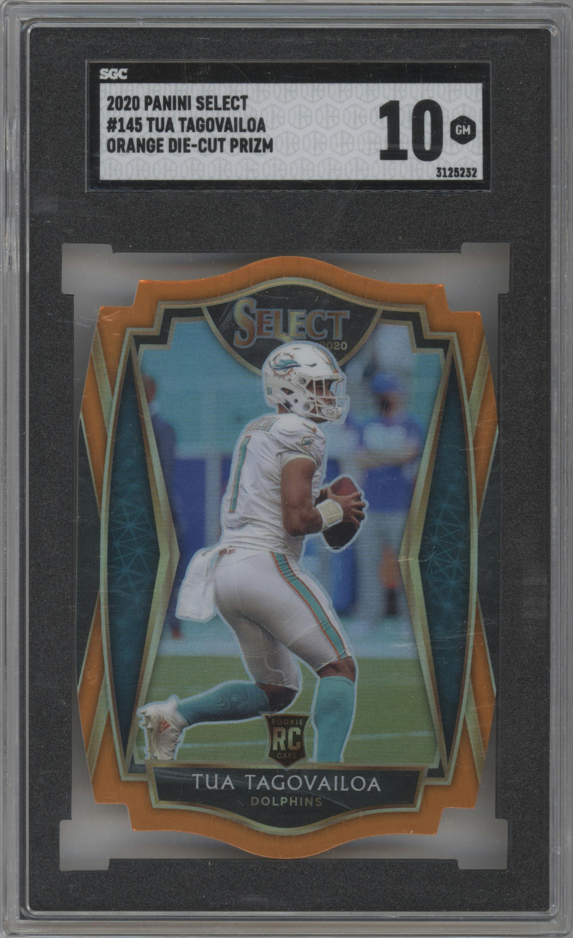 Tua Tagovailoa from the 2020 Panini Select set featuring a Die-Cut Orange parallel graded by SGC and given an overall grade of 10.