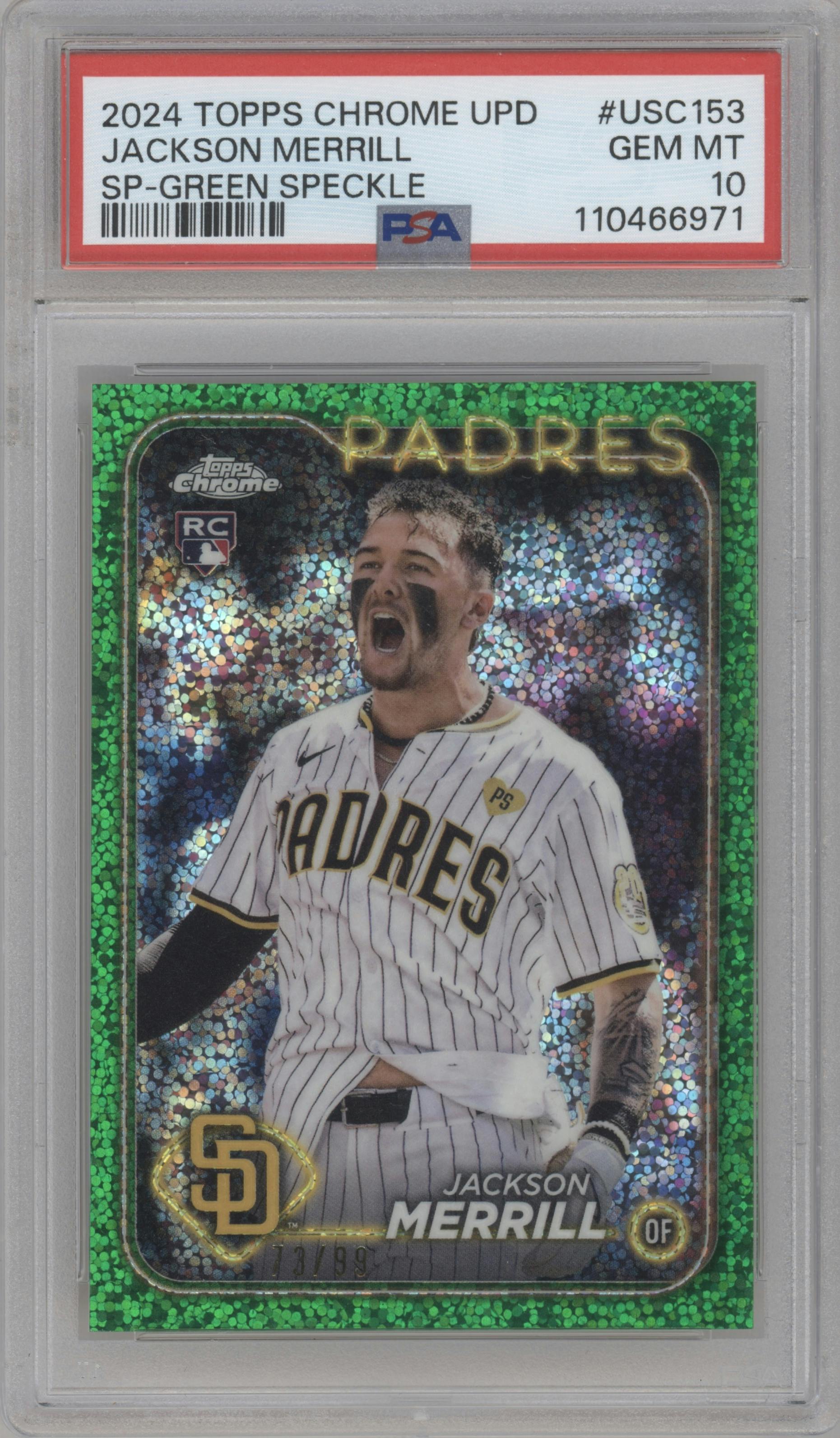 Jackson Merrill from the 2024 Topps Chrome Update set featuring a Green Speckle Refractors parallel graded by PSA and given an overall grade of 10.