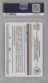 Jackson Merrill from the 2024 Topps Chrome Update set featuring a Green Speckle Refractors parallel graded by PSA and given an overall grade of 10.