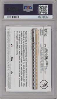 Jackson Merrill from the 2024 Topps Chrome Update set featuring a Green Speckle Refractors parallel graded by PSA and given an overall grade of 10.