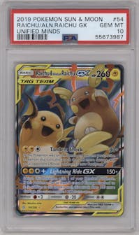 Raichu/Alolan Raichu GX from the 2019 Pokemon S&M  set graded by PSA and given an overall grade of 10.