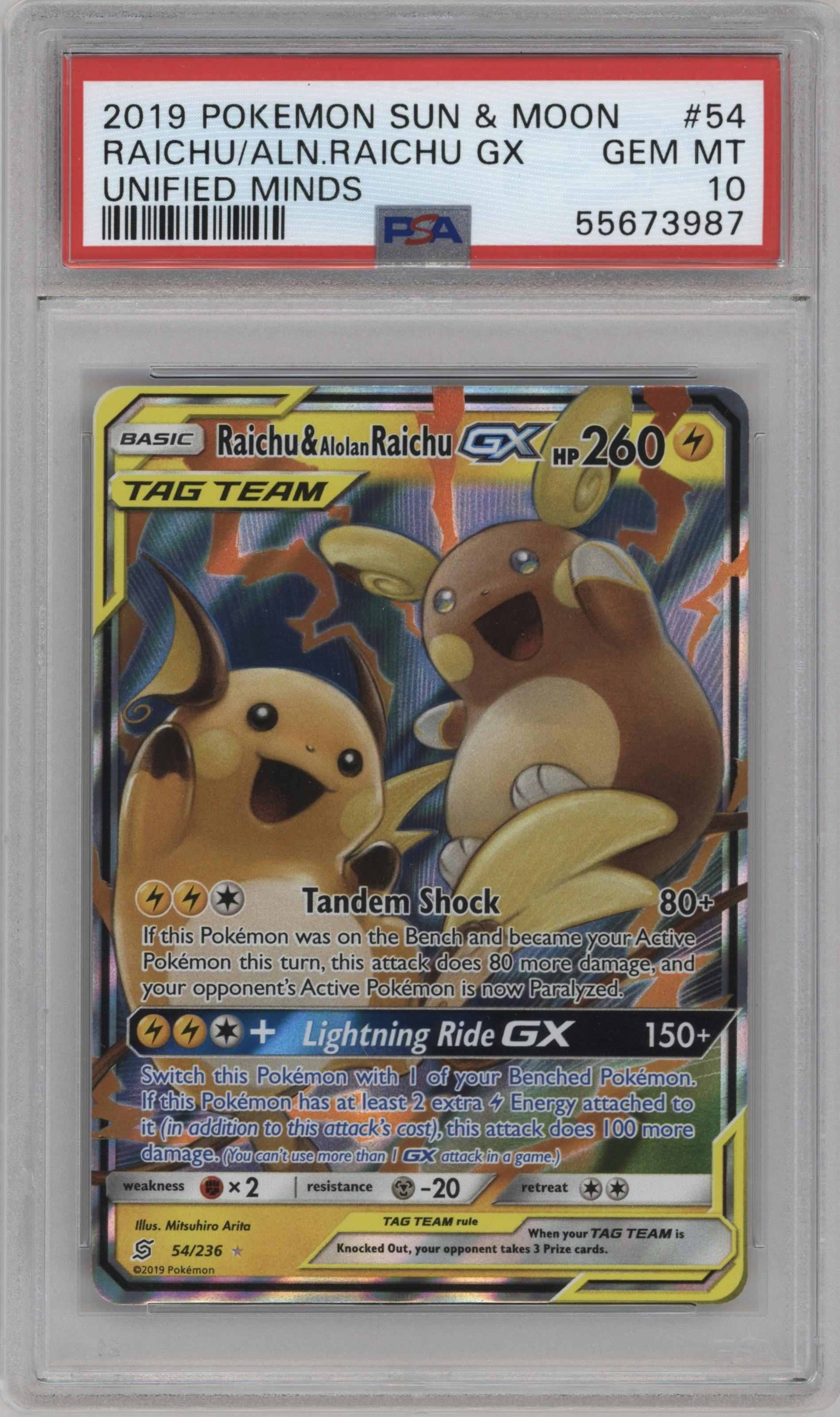 Raichu/Alolan Raichu GX from the 2019 Pokemon S&M  set graded by PSA and given an overall grade of 10.