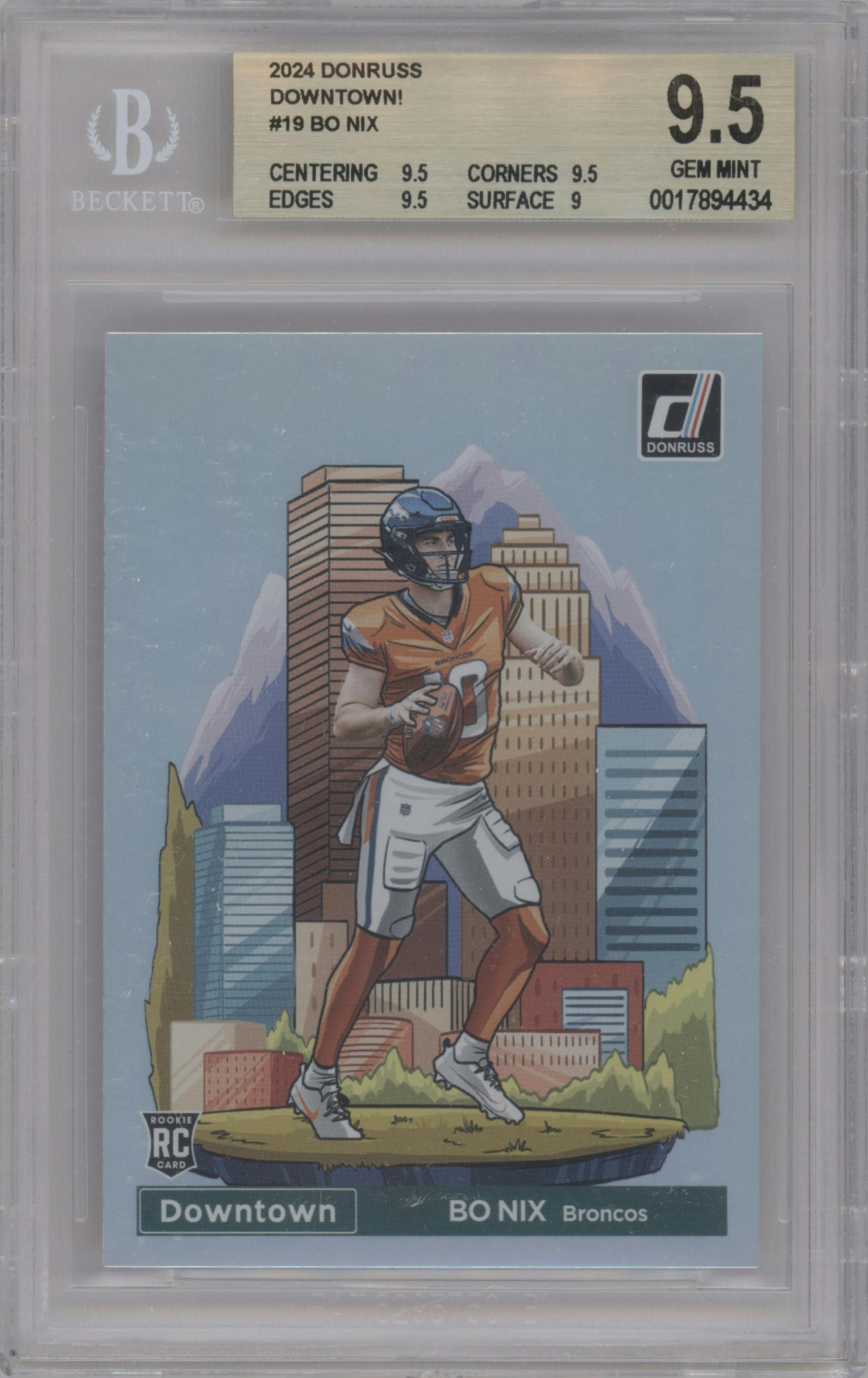 Bo Nix from the 2024 Donruss set graded by Beckett and given an overall grade of 9.5.
