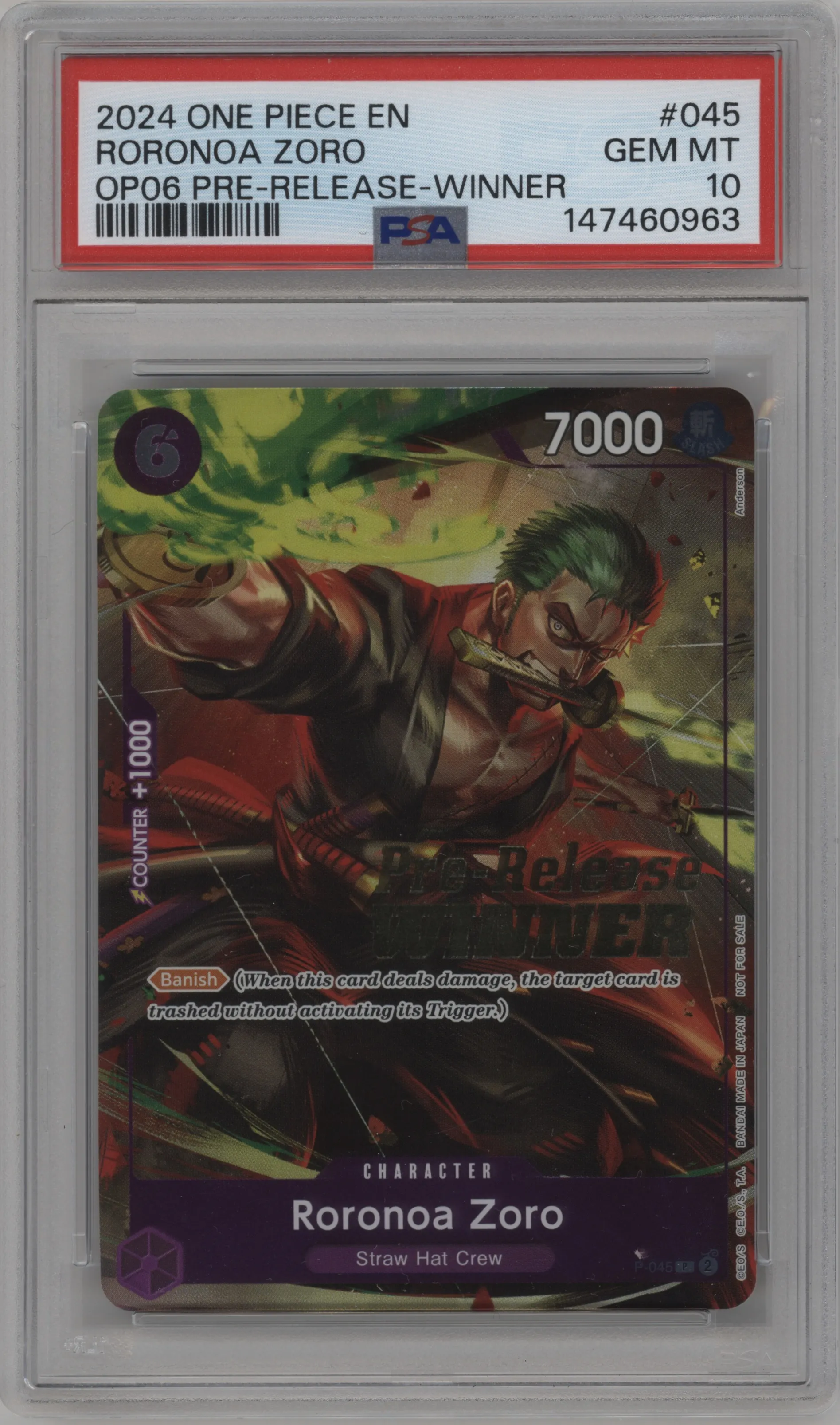 2024 One Piece OP-06 PR Tournament Roronoa Zoro Winner P #P-045 P PSA 10