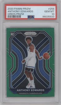Anthony Edwards from the 2020-21 Panini Prizm set featuring a Green Prizm parallel graded by PSA and given an overall grade of 10.