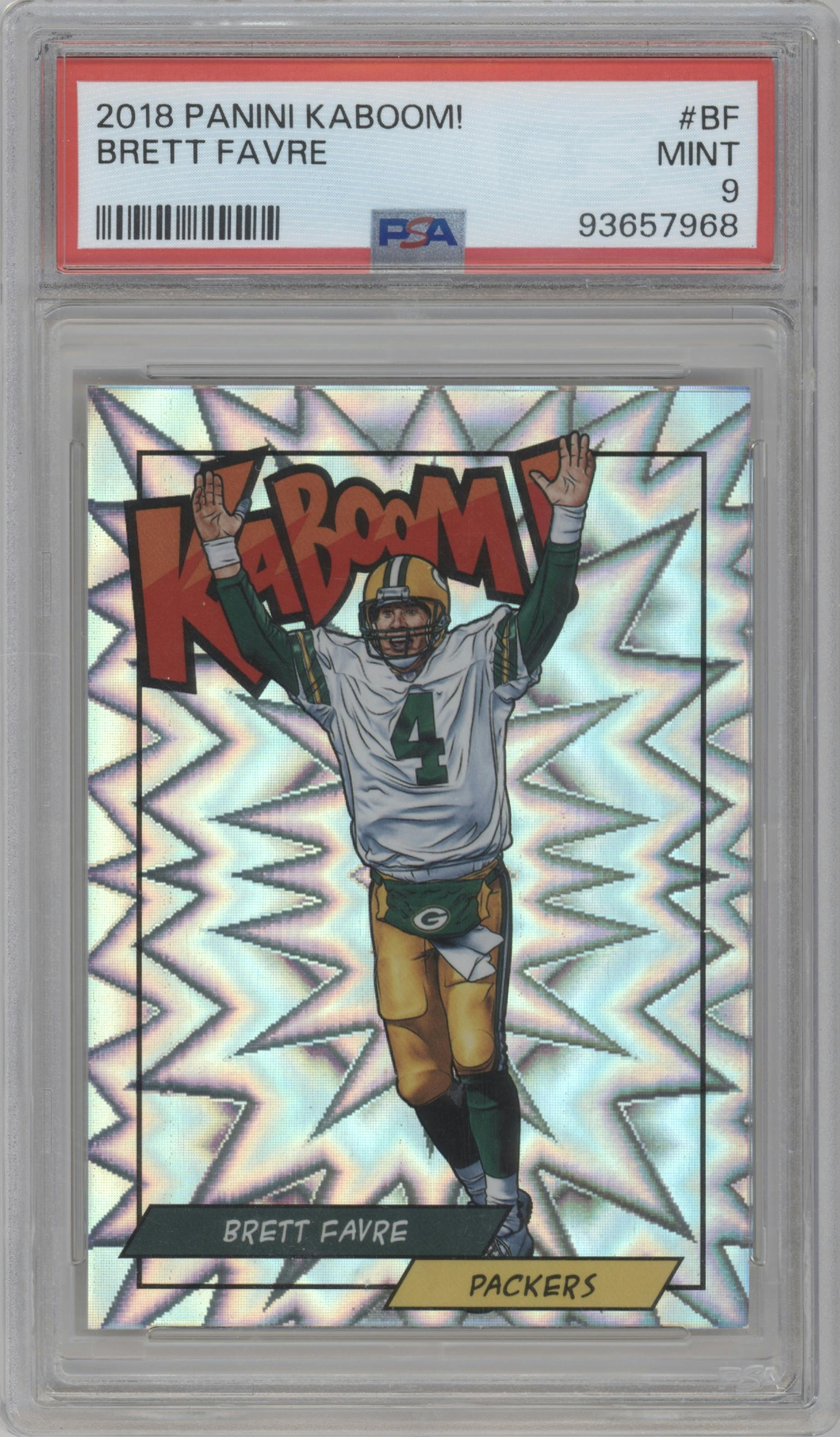 Brett Favre from the 2018 Panini Kaboom Rewards Multi-Sport set graded by PSA and given an overall grade of 9.