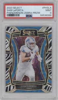 Sam LaPorta from the 2023 Panini Select set featuring a Zebra Prizm parallel graded by PSA and given an overall grade of 9.