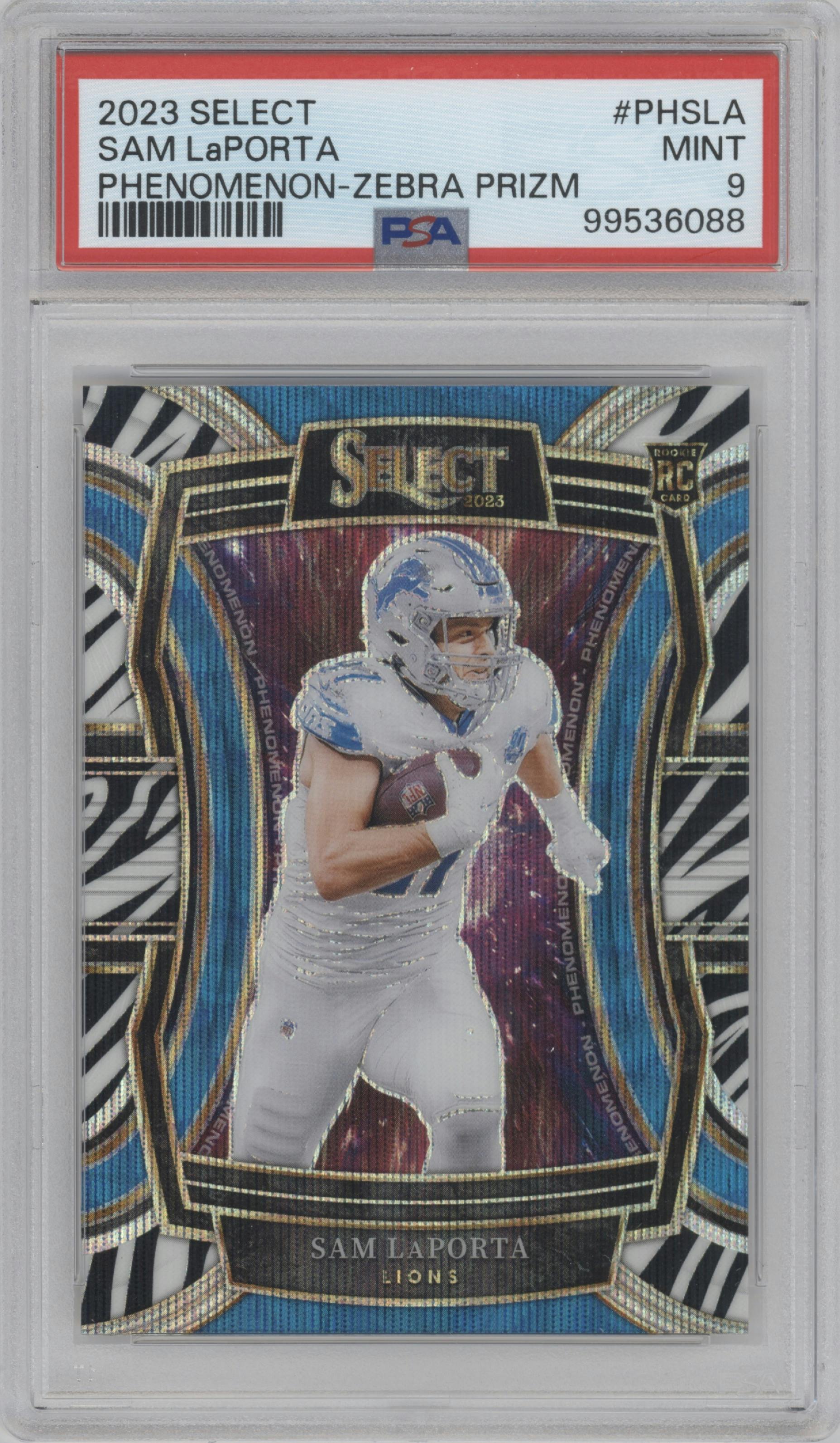 Sam LaPorta from the 2023 Panini Select set featuring a Zebra Prizm parallel graded by PSA and given an overall grade of 9.