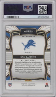 Sam LaPorta from the 2023 Panini Select set featuring a Zebra Prizm parallel graded by PSA and given an overall grade of 9.
