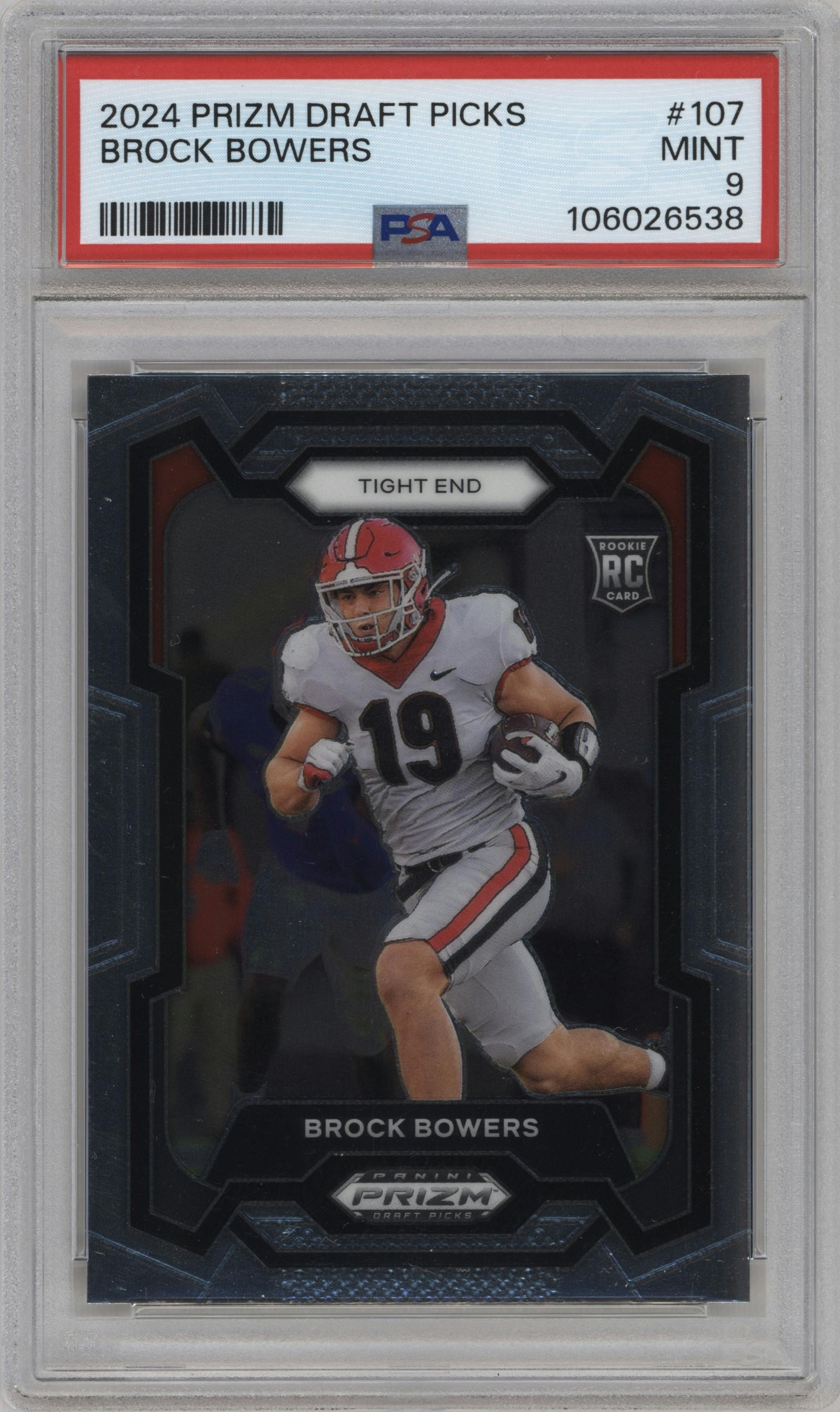 Brock Bowers from the 2024 Panini Prizm Draft Picks set graded by PSA and given an overall grade of 9.