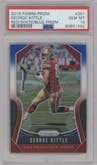 George Kittle from the 2019 Panini Prizm set featuring a  Red/White/Blue Prizm parallel graded by PSA and given an overall grade of 10.