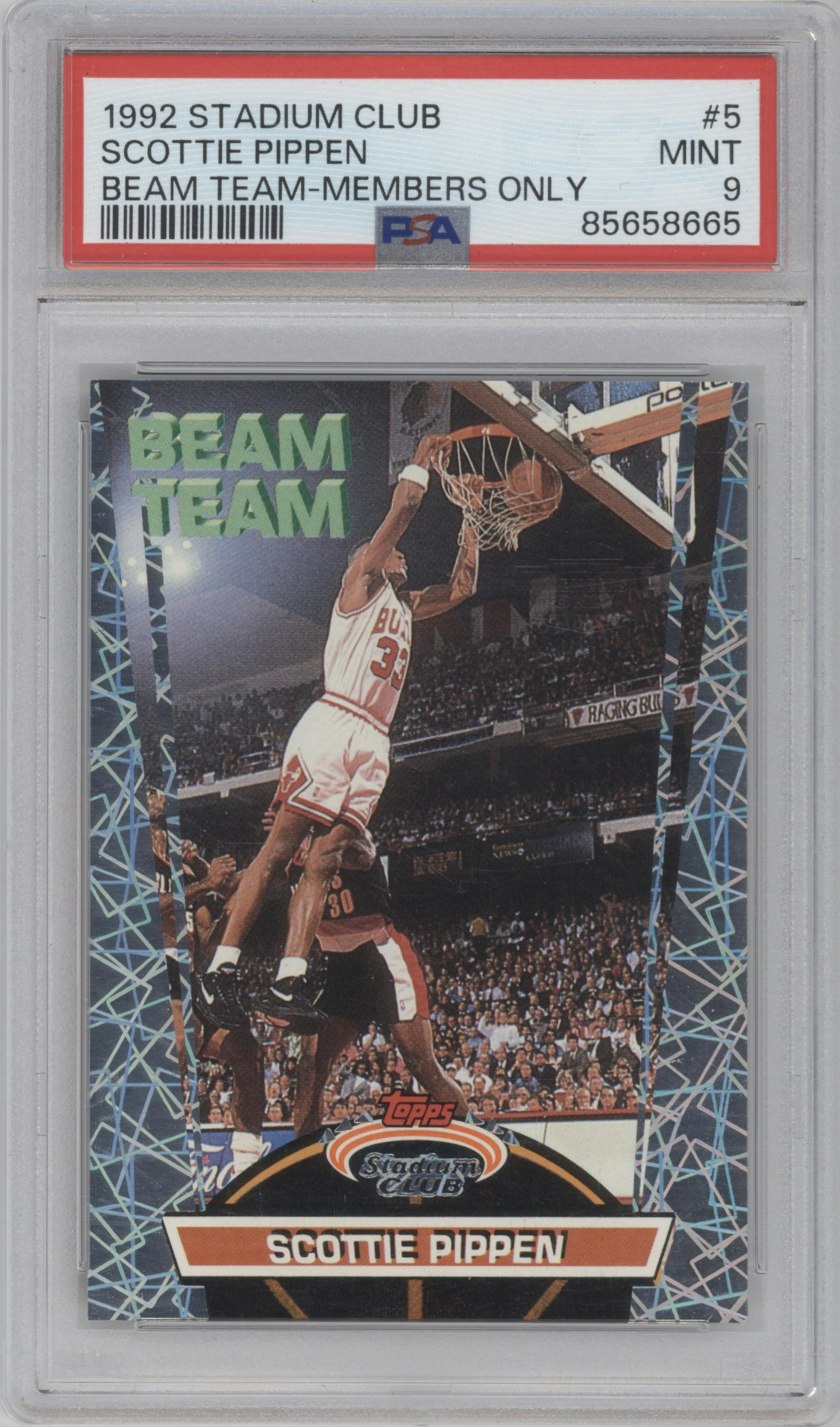 Scottie Pippen from the 1992-93 Topps Stadium Club set featuring a Members Only parallel graded by PSA and given an overall grade of 9.