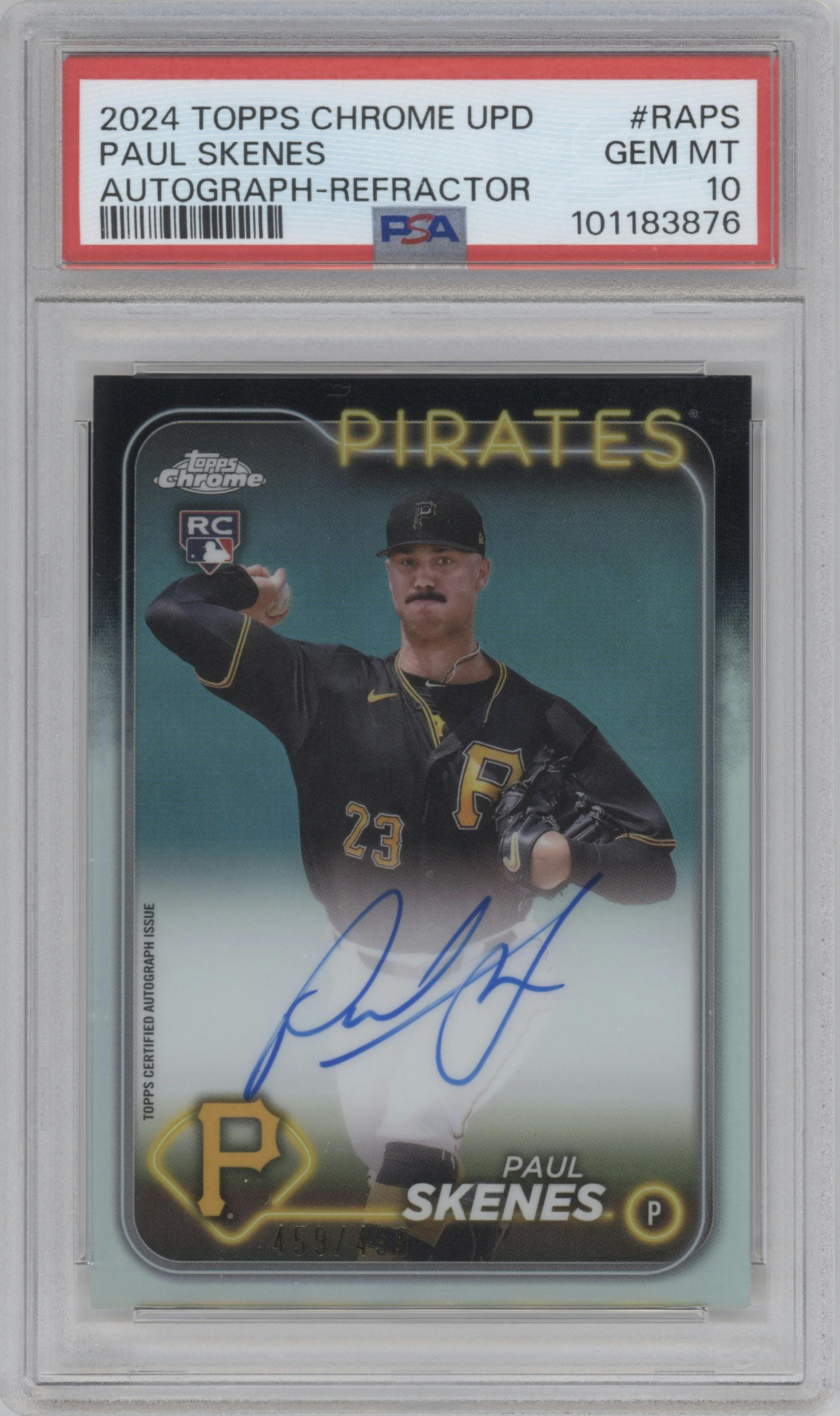 Paul Skenes from the 2024 Topps Chrome Update set featuring a Refractor parallel graded by PSA and given an overall grade of 10.
