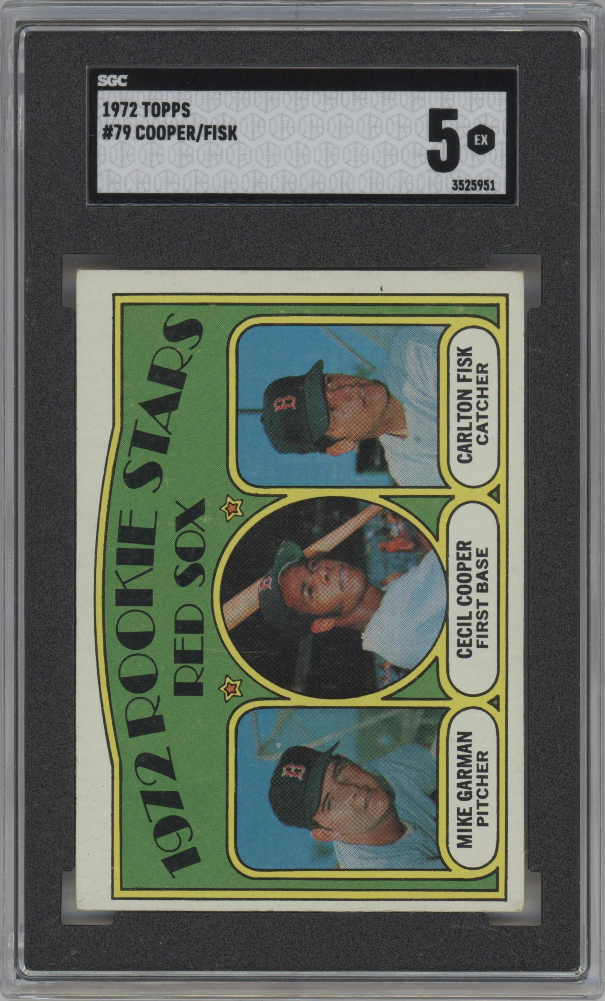 Mike Garman/Cecil Cooper/Carlton Fisk from the 1972 Topps set graded by SGC and given an overall grade of 5.