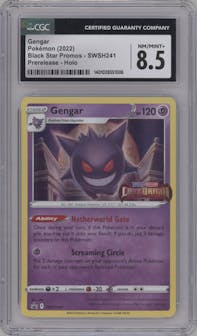 Gengar from the 2022 Pokemon SWSH set featuring a Pre-Release parallel graded by CSG and given an overall grade of 8.5.