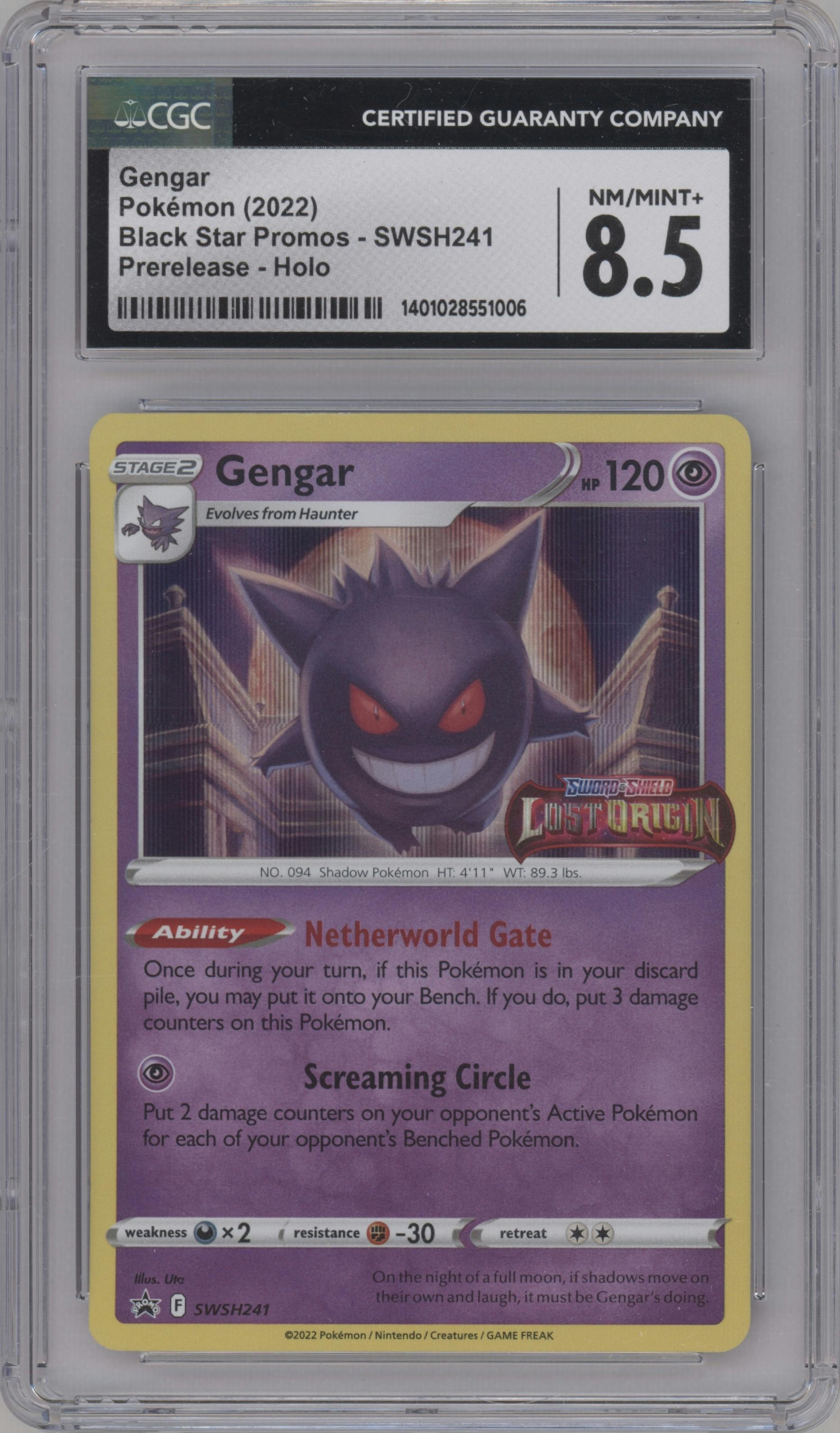 Gengar from the 2022 Pokemon SWSH set featuring a Pre-Release parallel graded by CSG and given an overall grade of 8.5.