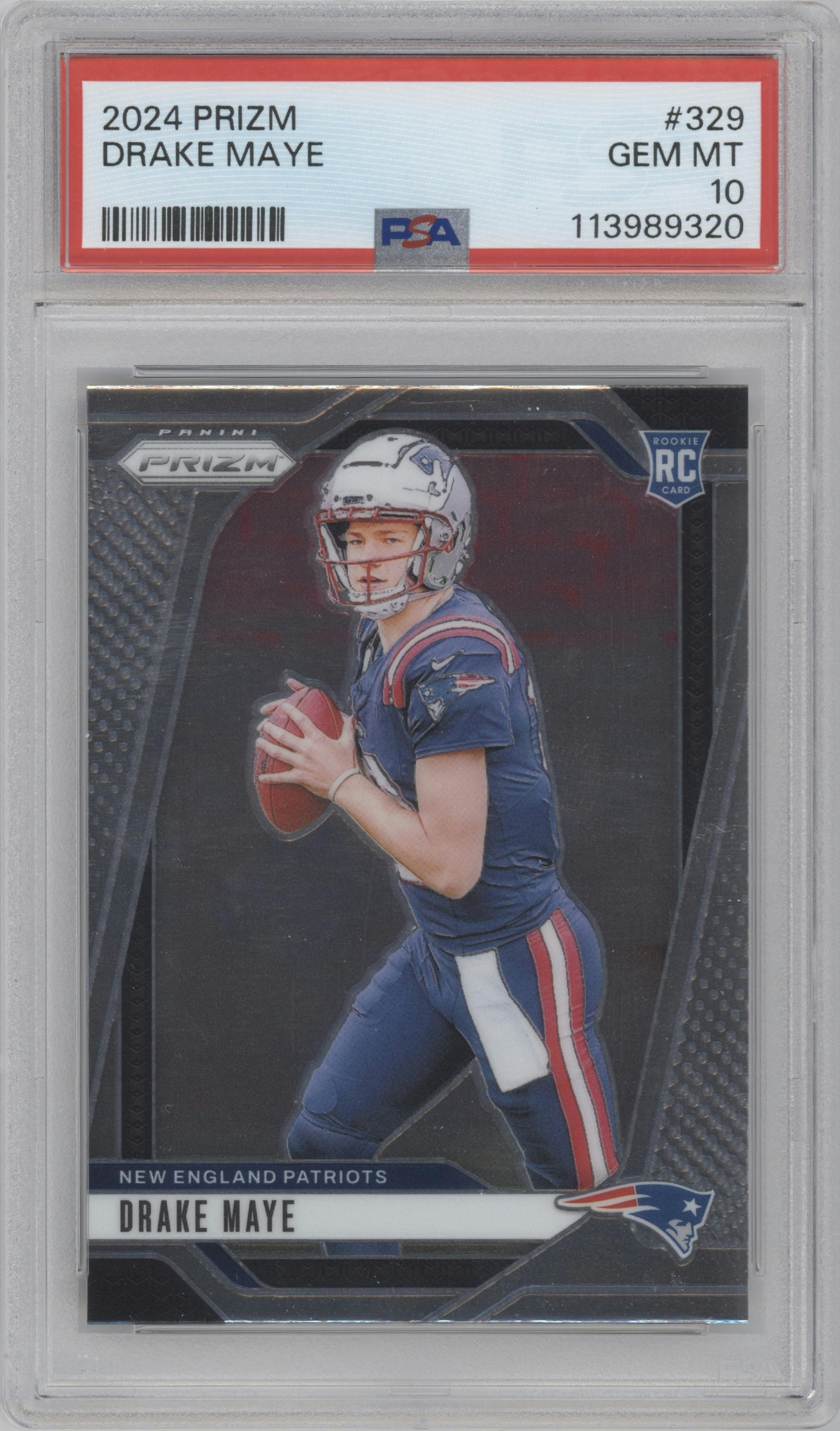 Drake Maye from the 2024 Panini Prizm set graded by PSA and given an overall grade of 10.