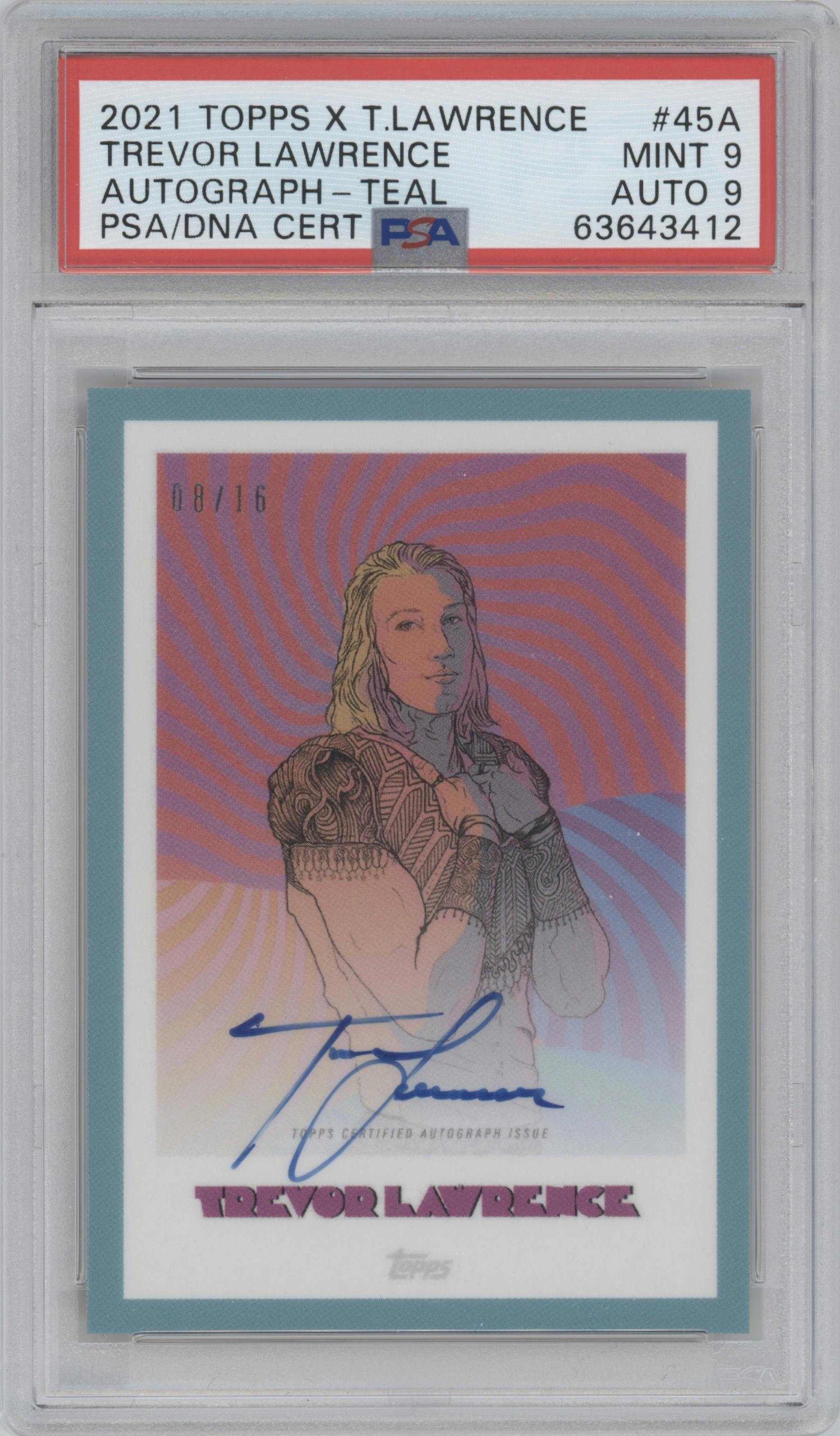 Trevor Lawrence from the 2021 Topps X Trevor Lawrence set featuring a Teal parallel graded by PSA and given an overall grade of 9.