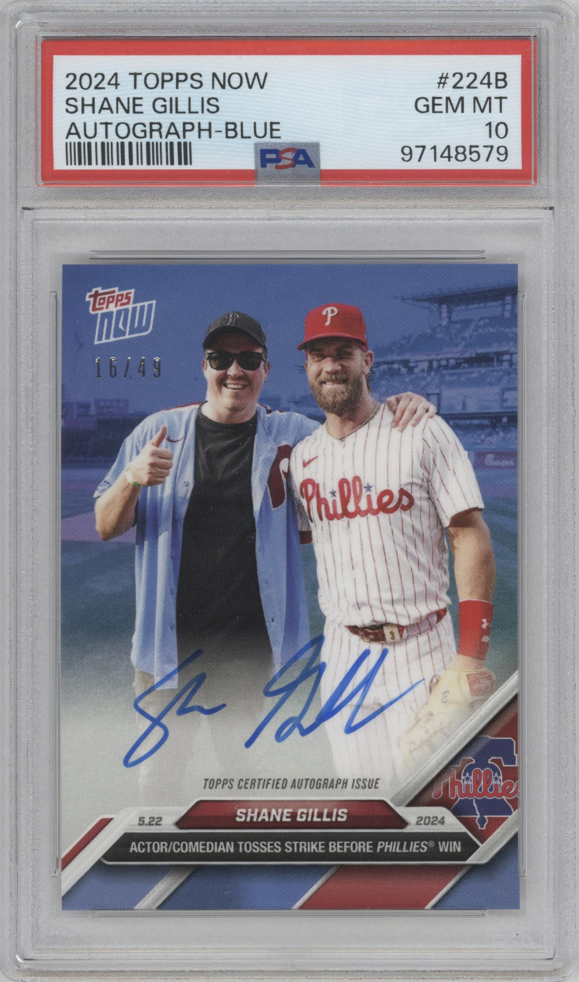 Shane Gillis from the 2024 Topps Now set featuring a Blue parallel graded by PSA and given an overall grade of 10.