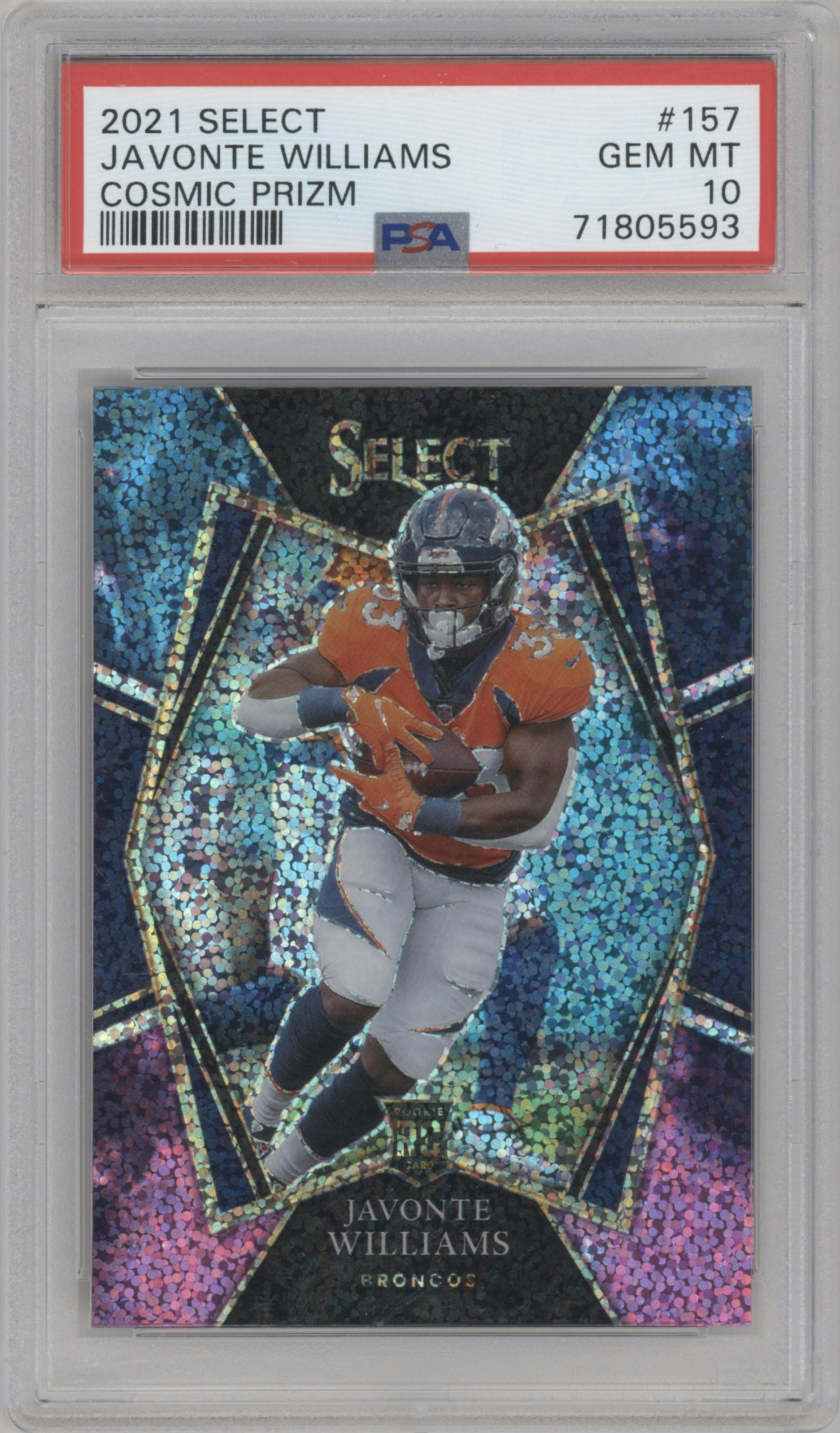 Javonte Williams from the 2021 Panini Select set featuring a Cosmic Prizm parallel graded by PSA and given an overall grade of 10.