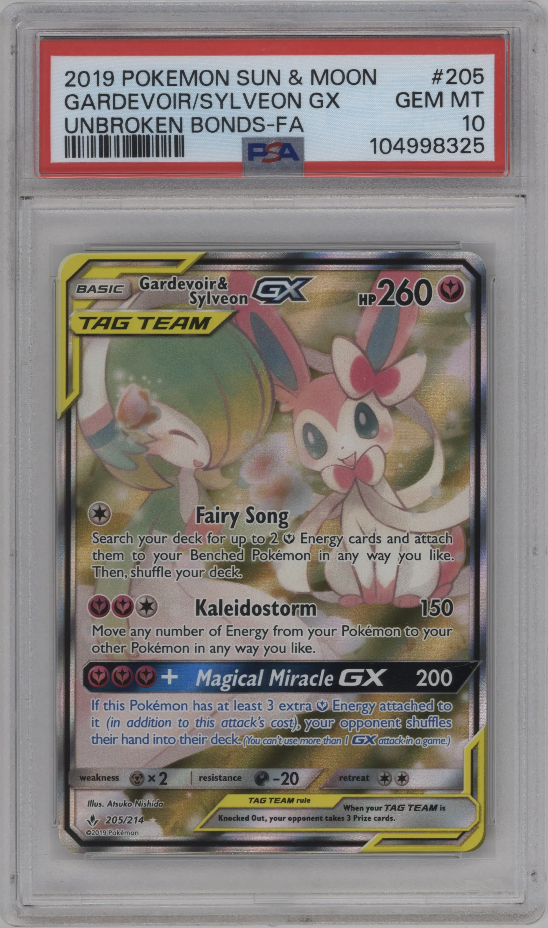 Gardevoir & Sylveon GX from the 2019 Pokemon S&M  set graded by PSA and given an overall grade of 10.