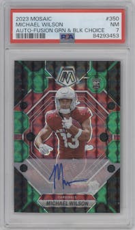 Michael Wilson from the 2023 Panini Mosaic set featuring a Choice Fusion Green & Black parallel graded by PSA and given an overall grade of 7.