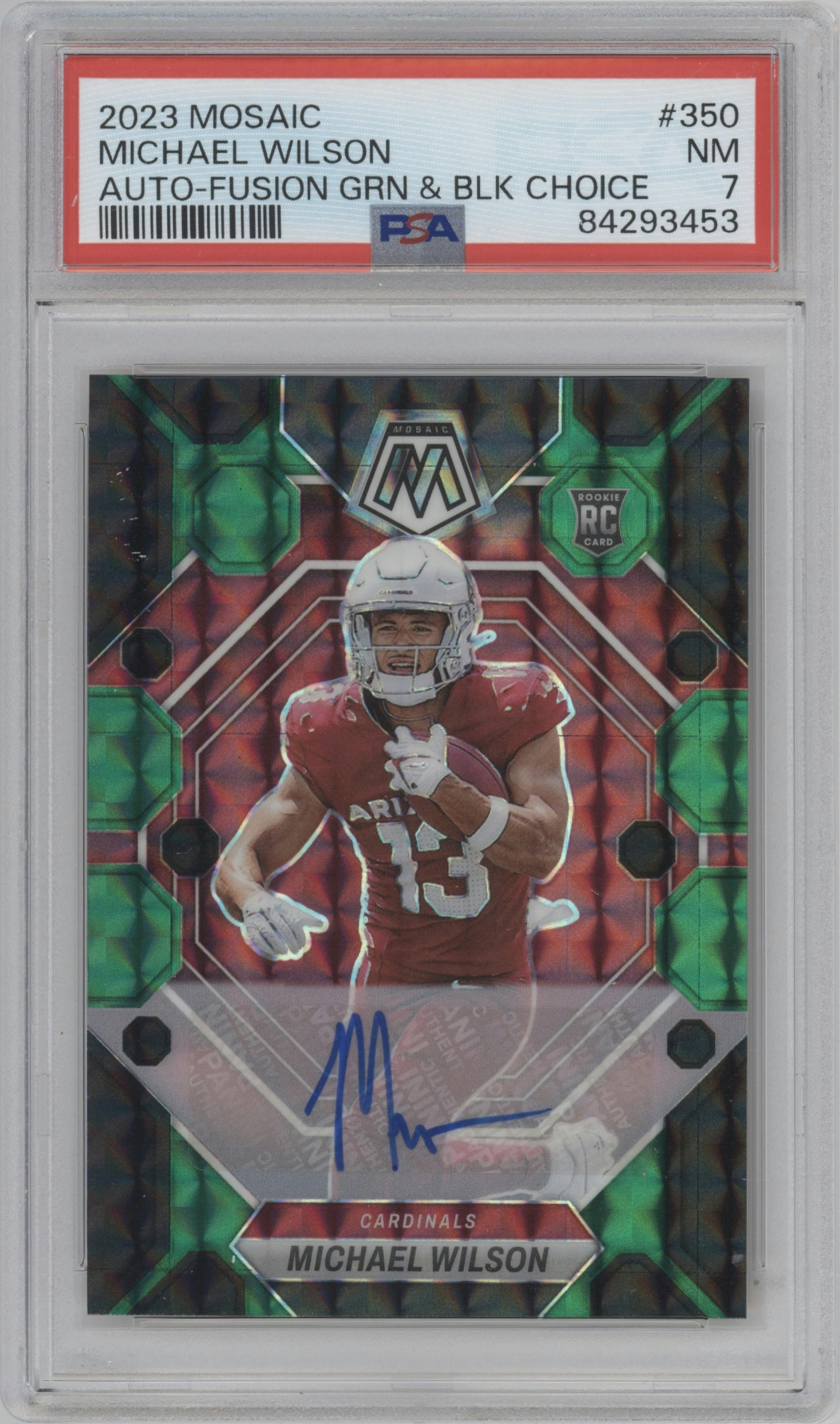Michael Wilson from the 2023 Panini Mosaic set featuring a Choice Fusion Green & Black parallel graded by PSA and given an overall grade of 7.