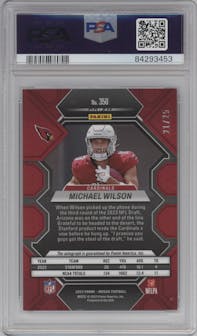 Michael Wilson from the 2023 Panini Mosaic set featuring a Choice Fusion Green & Black parallel graded by PSA and given an overall grade of 7.
