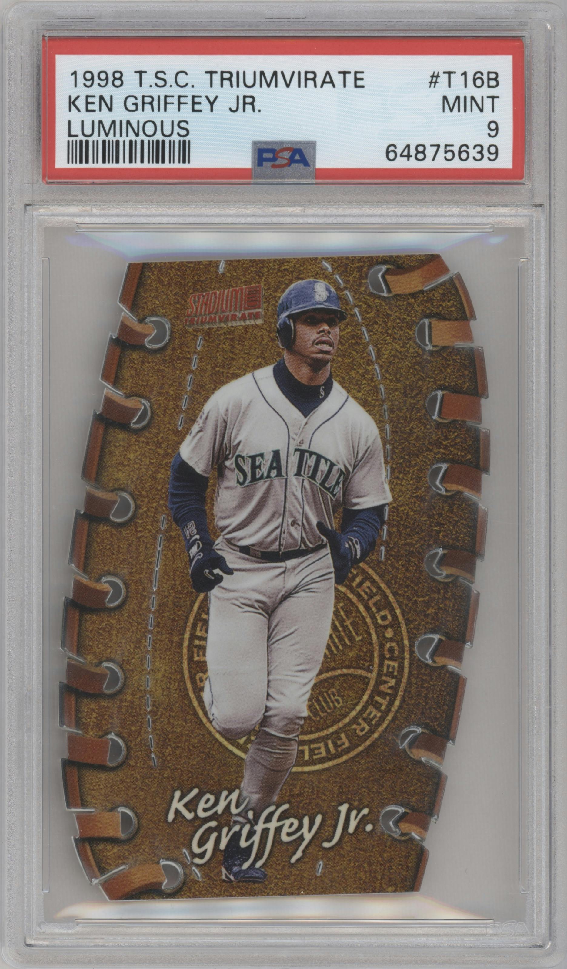 Ken Griffey Jr. from the 1998 Stadium Club set featuring a Luminous parallel graded by PSA and given an overall grade of 9.