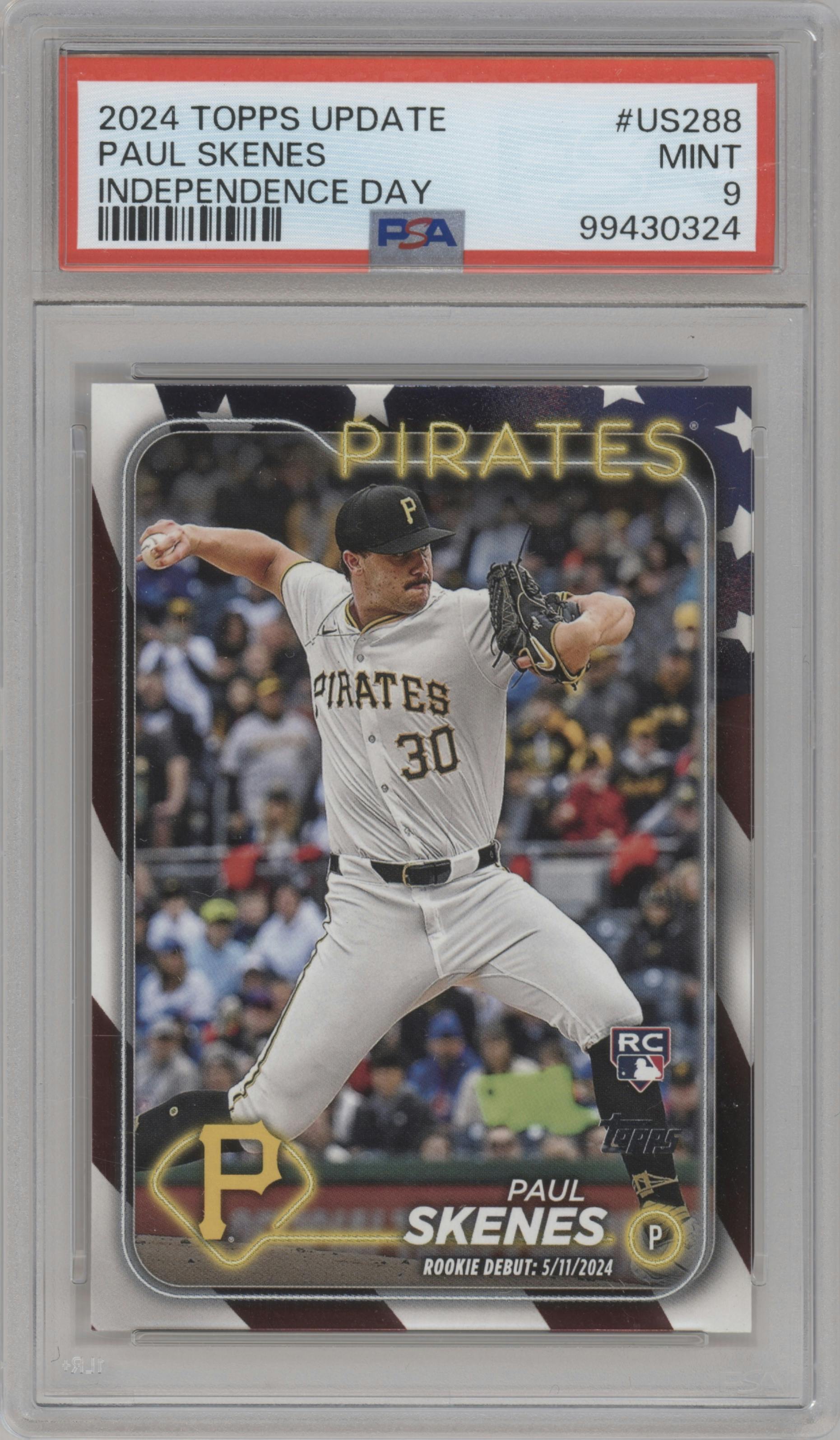 Paul Skenes from the 2024 Topps Update set featuring a Independence Day parallel graded by PSA and given an overall grade of 9.