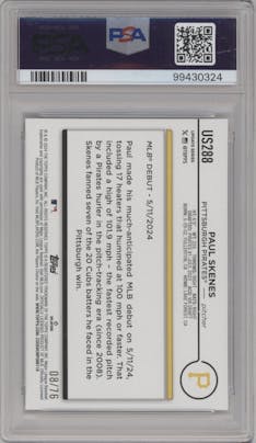 Paul Skenes from the 2024 Topps Update set featuring a Independence Day parallel graded by PSA and given an overall grade of 9.